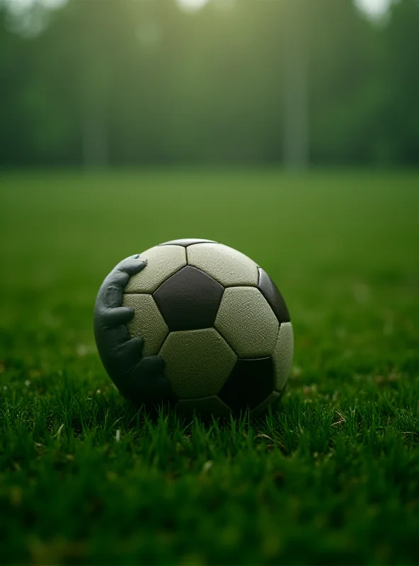A somber photograph of a child's football lying on a grass sports field.