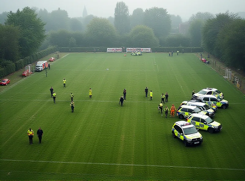A wide shot of a rugby field with emergency vehicles and personnel present, indicating a serious incident.