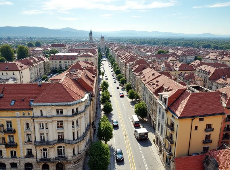 Aerial view of Nitra city center with traffic and historical buildings