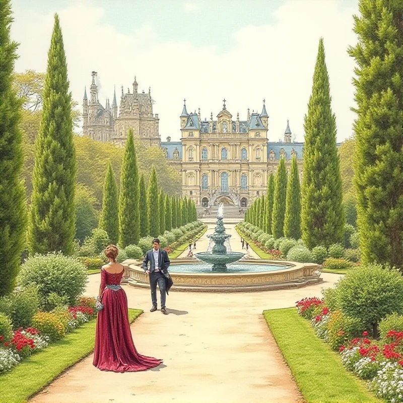 A detailed drawing or painting of a 19th-century castle park