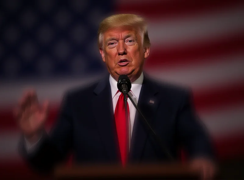 Donald Trump speaking at a podium with the American flag in the background.