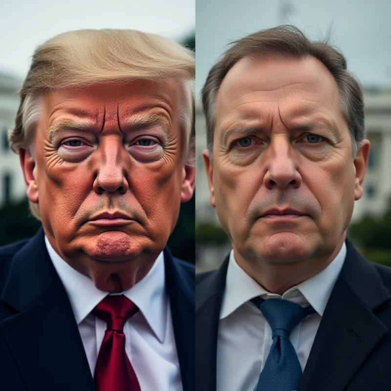 Split image of Trump and Zelensky with a blurred background of the White House.