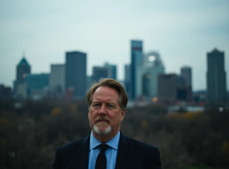 Denver skyline with a blurred image of Mayor Mike Johnston in the foreground