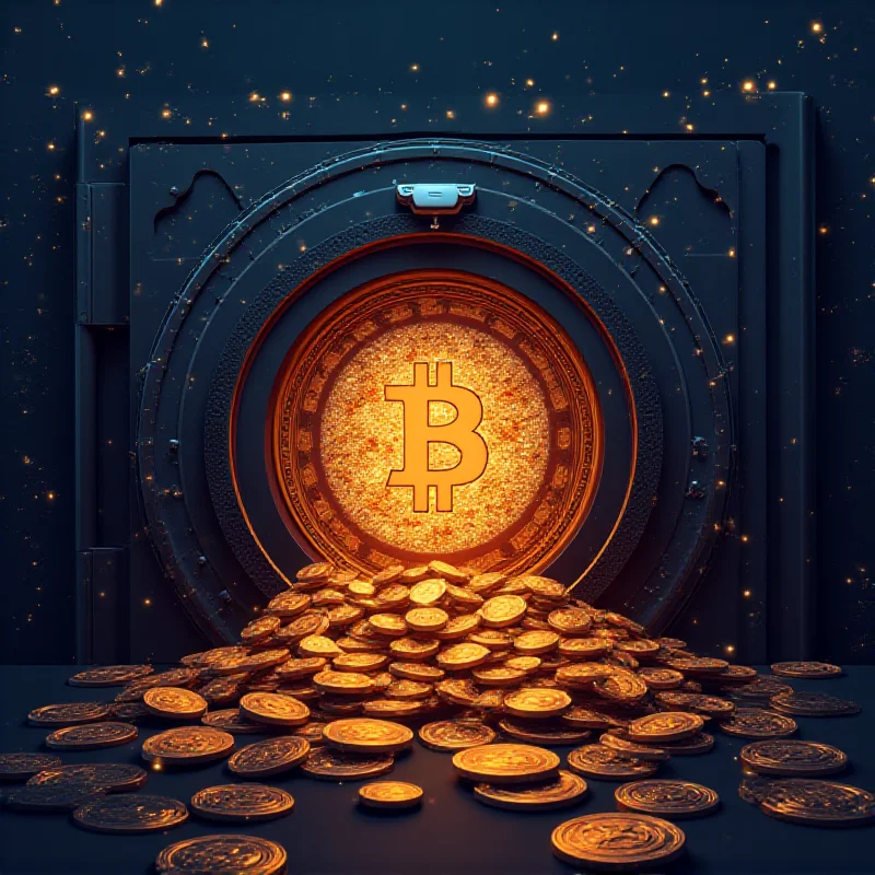 Digital illustration of Bitcoin being stored in a vault, with the US flag.