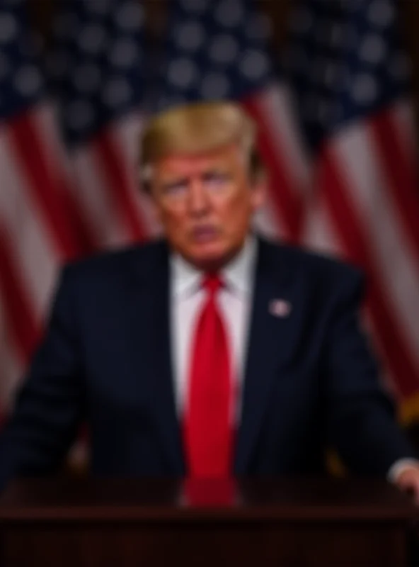 Donald Trump speaking at a podium with a serious expression, surrounded by American flags.