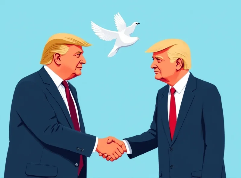 Digital rendering of Donald Trump and Volodymyr Zelenskyy shaking hands with a dove flying above them