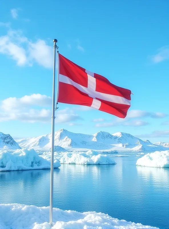 Image of the Greenlandic flag waving in front of a scenic Arctic landscape, with icebergs and snowy mountains in the background.