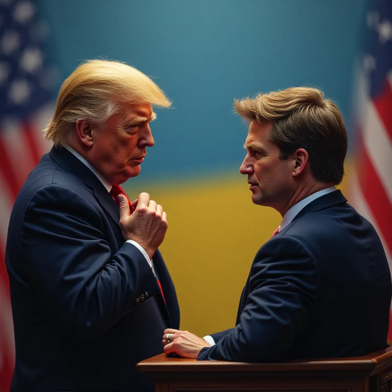 Digital painting depicting Donald Trump and Volodymyr Zelensky in a heated debate, with American and Ukrainian flags blurred in the background.