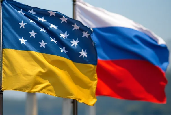 Image of the flags of the United States, Ukraine, and Russia.