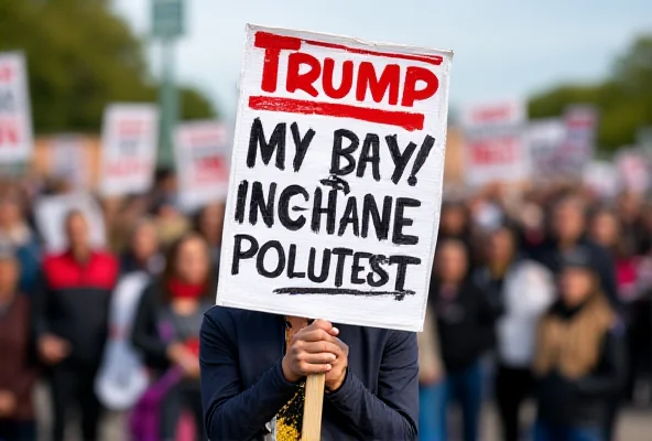 A protest sign displaying a strong message against Donald Trump's policies, held up amidst a crowd of diverse protestors.