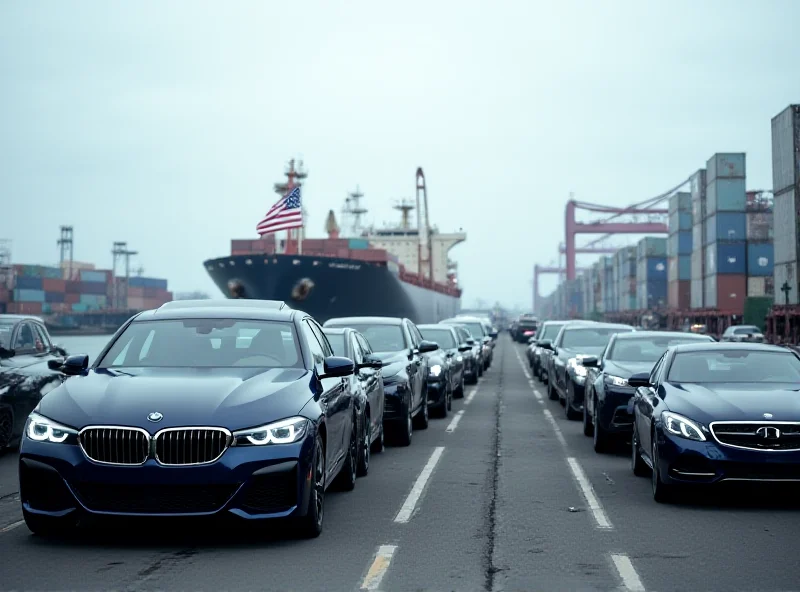A line of European-made cars on a dock ready for shipment, with the American flag in the background.