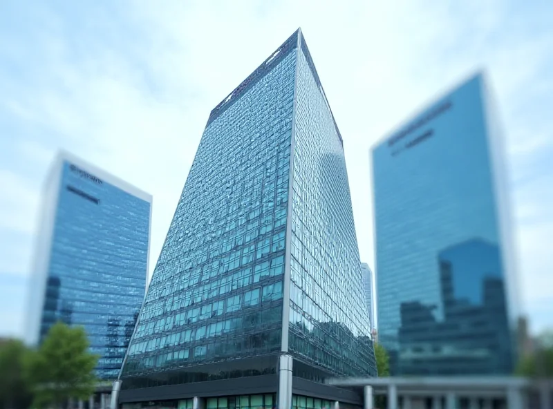 Image of the European Central Bank headquarters in Frankfurt, Germany, with a blurred background of financial district buildings.