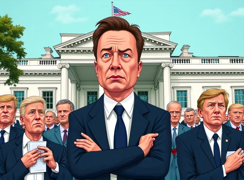 Illustration of Elon Musk standing in front of the White House with a perplexed expression, surrounded by departing government officials.