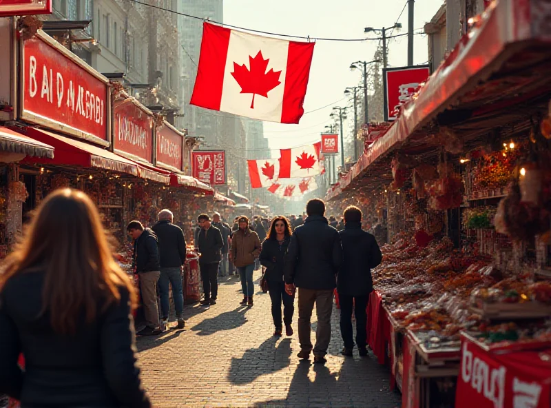 A bustling Canadian marketplace with people buying local goods, banners displaying Canadian flags, and signs promoting local businesses over US brands.