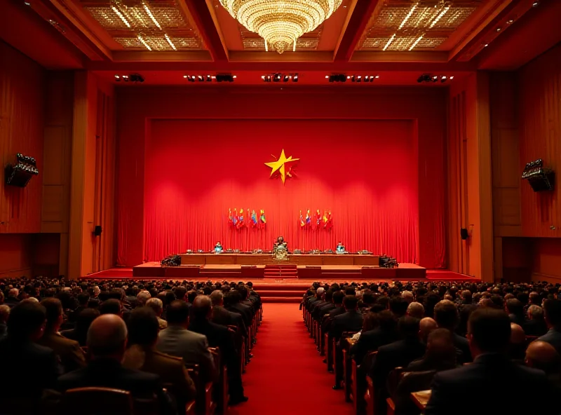 A wide shot of the Great Hall of the People in Beijing during the Two Sessions, showing delegates in attendance, flags, and a sense of importance and formality.