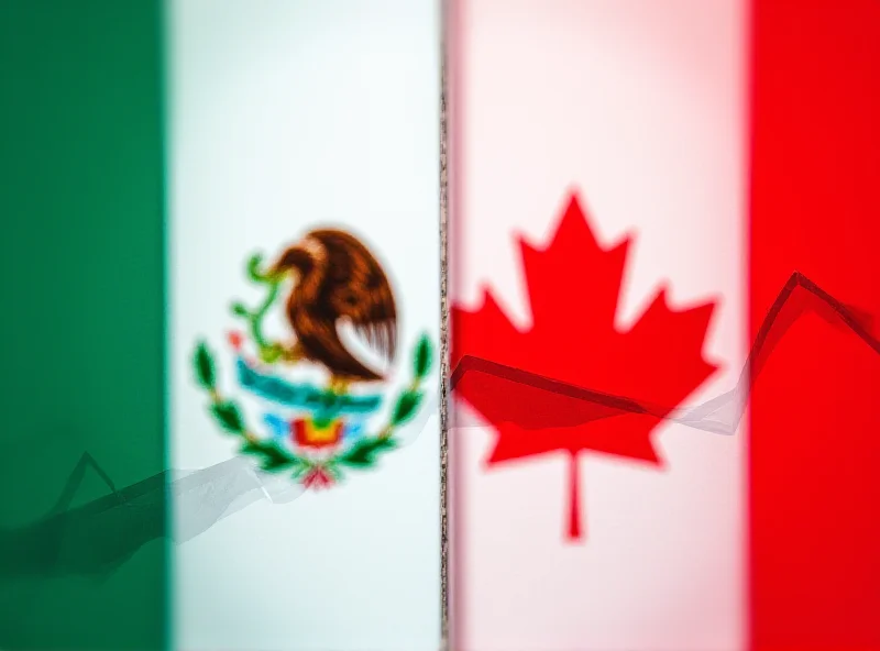 A split image showing the flags of Mexico and Canada side-by-side, with a superimposed graphic of a downward-trending graph representing the potential economic impact of tariffs.