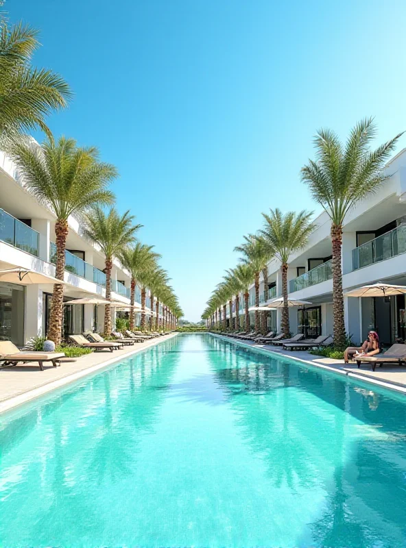 AI generated image of a luxury resort in Gaza with palm trees and modern architecture.