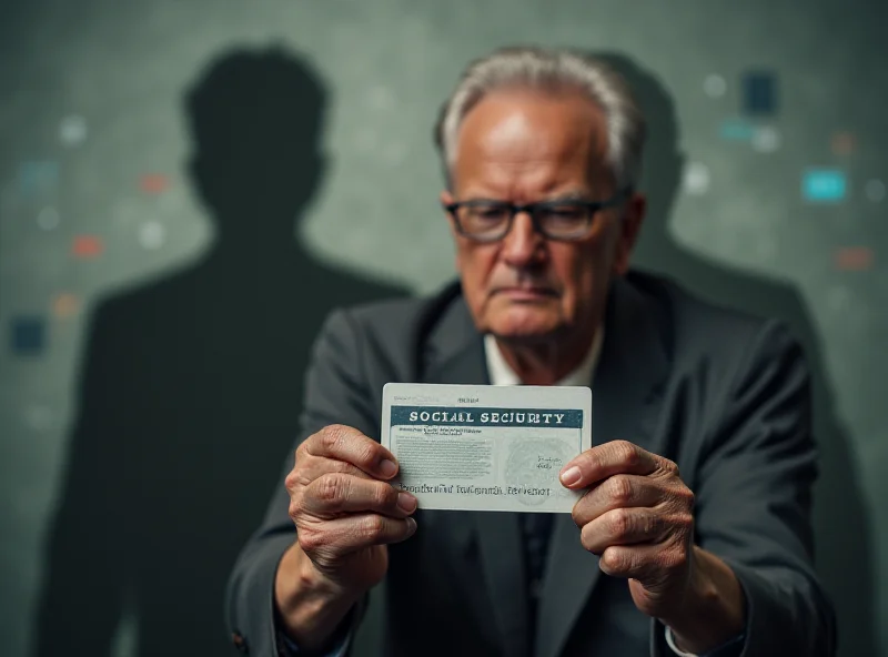 A worried-looking elderly person holding a social security card, with a shadowy figure representing potential threats to the system looming behind them. The background is a blurred image of a financial chart.