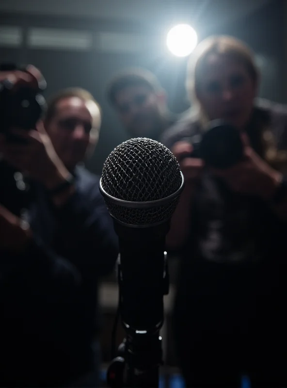 A close-up photo of a microphone with a blurred background of reporters holding cameras. The focus is on the microphone as a symbol of free speech and the press.