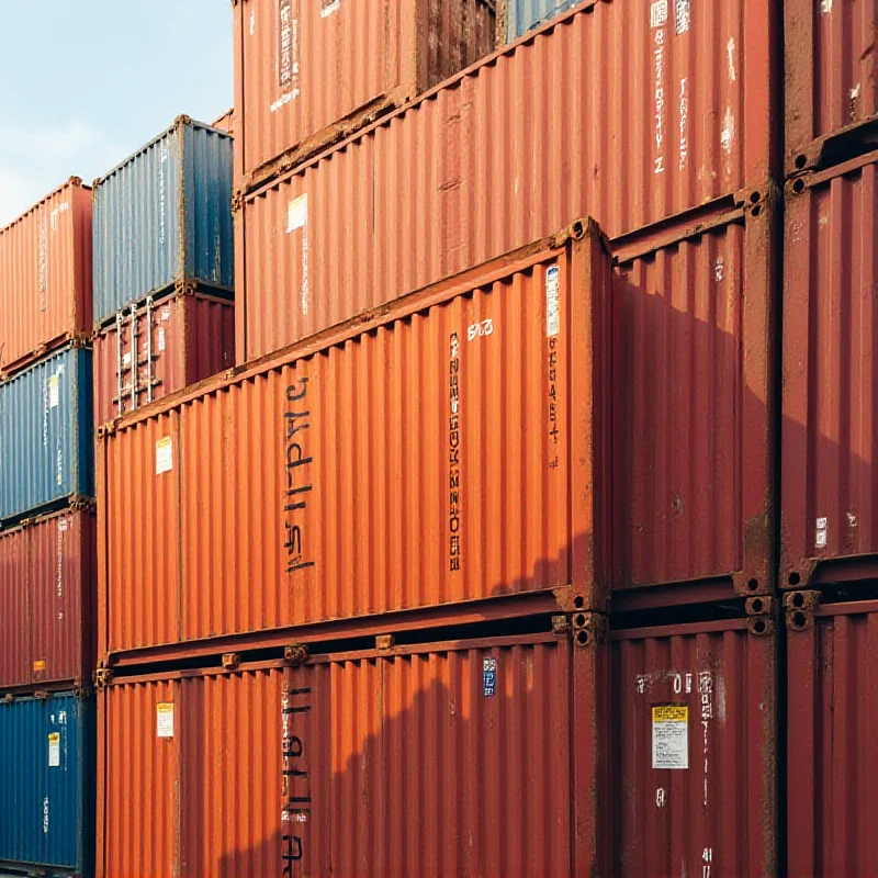A close-up image of a stack of shipping containers at a busy port, symbolizing international trade and the impact of tariffs.