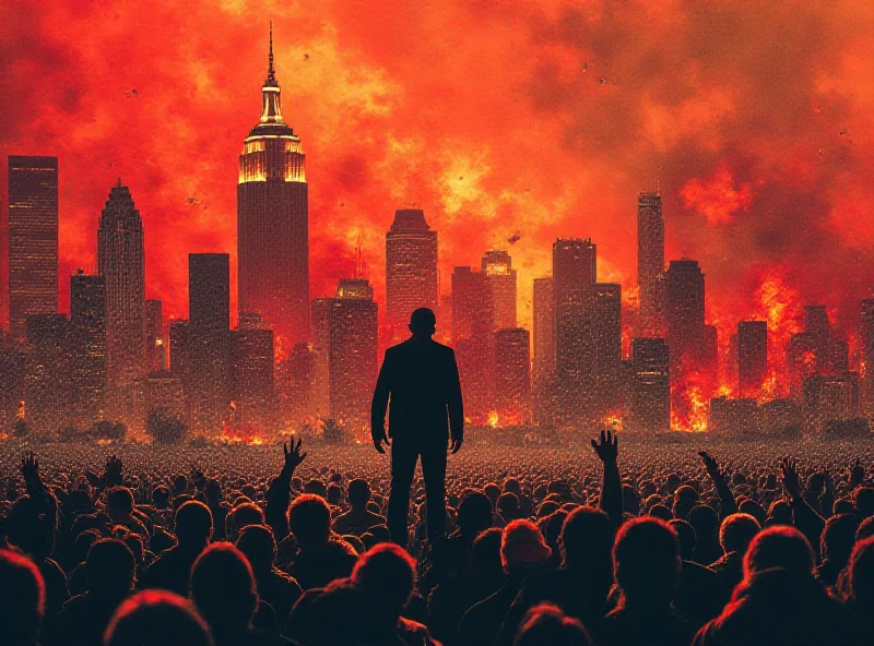 A collage of images depicting various disasters: a city skyline engulfed in flames, a crowded hospital during a pandemic, and a political rally with an angry crowd.