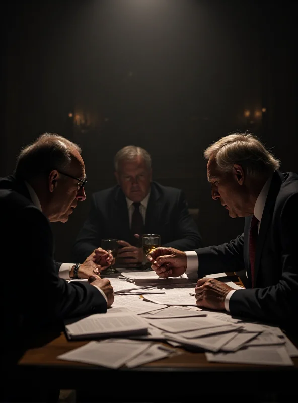 Negotiations taking place between diplomats, serious expressions.