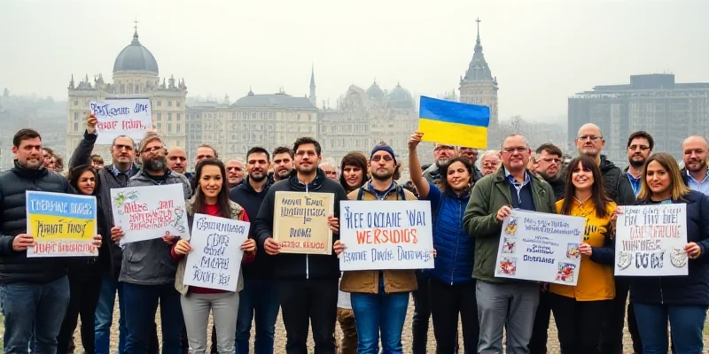 A diverse group of people from different nations standing together in support of Ukraine peace.