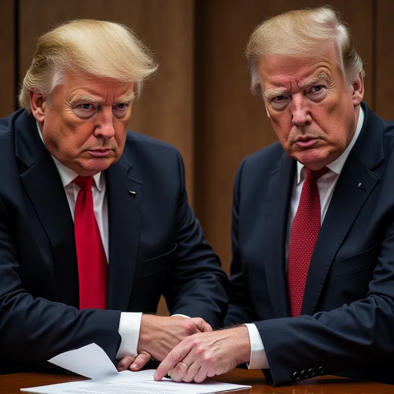 A collage of images depicting the key events: Trump signing a tariff document, Trump and Zelensky shaking hands tensely, and a close-up of Zelensky's outfit.