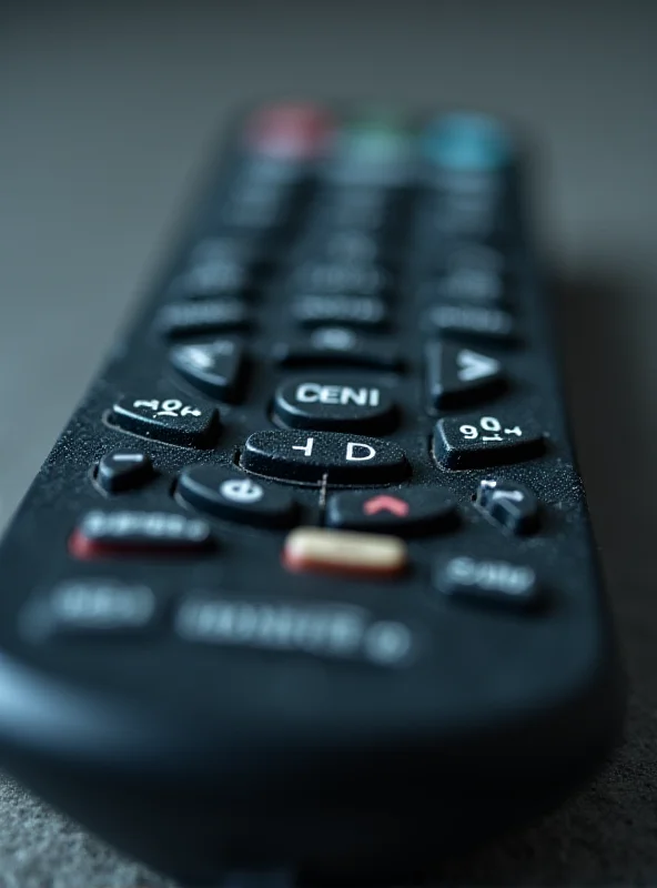 A close-up of a generic television remote control with many buttons.