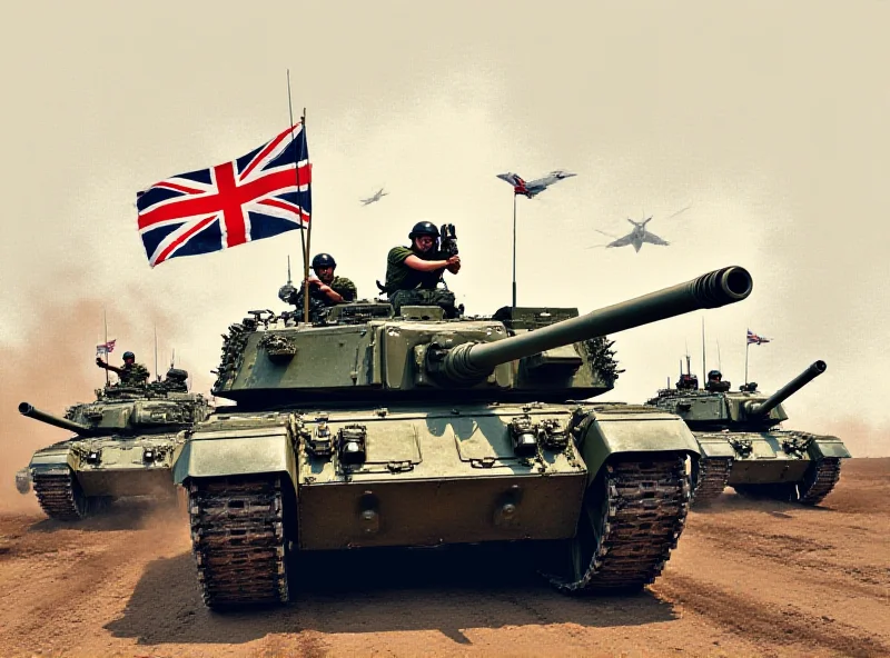 Illustration of military equipment with British flags in the background, suggesting a significant investment in arms.