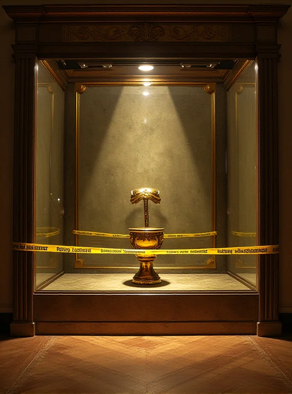 An empty display case in a grand hall of a palace. The area is cordoned off with police tape. The lighting is dramatic and emphasizes the emptiness.