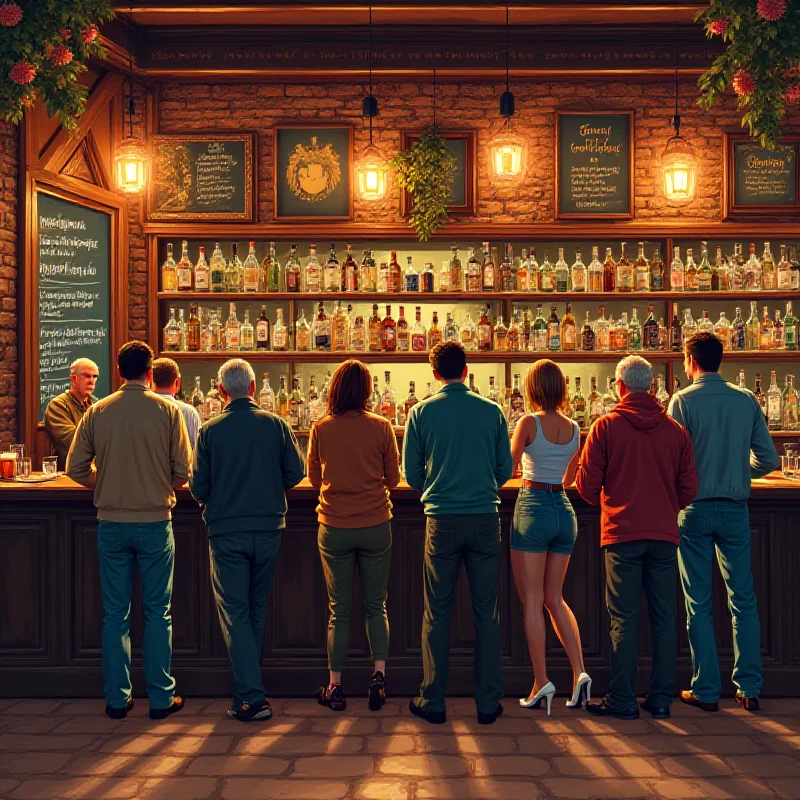 Illustration of a long queue of people waiting at a traditional British pub bar. The people are diverse, and the bar is well-stocked with various drinks and snacks.