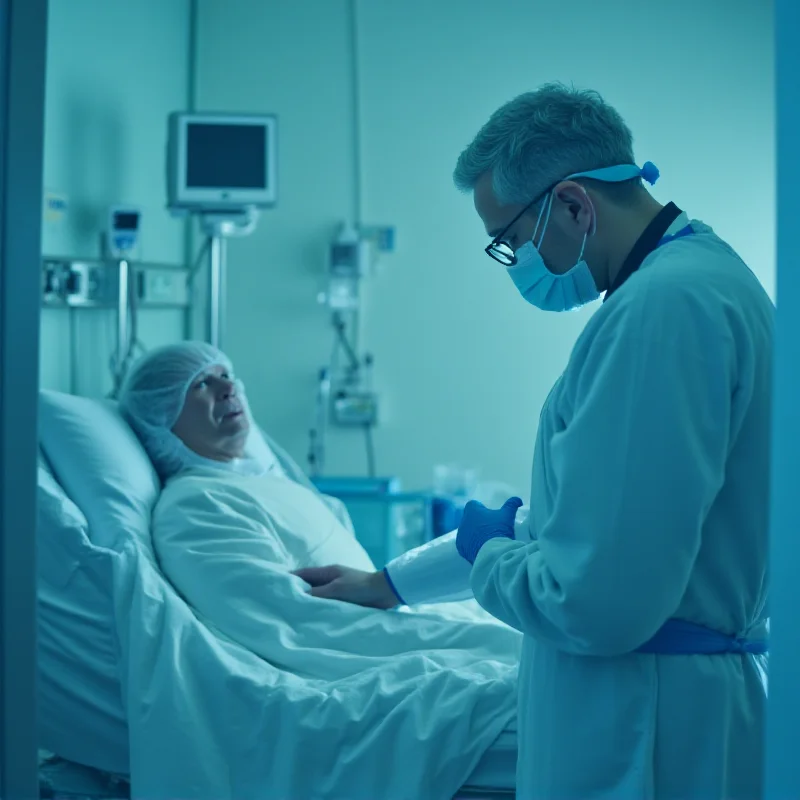 A doctor wearing protective gear examining a patient in a hospital isolation room.