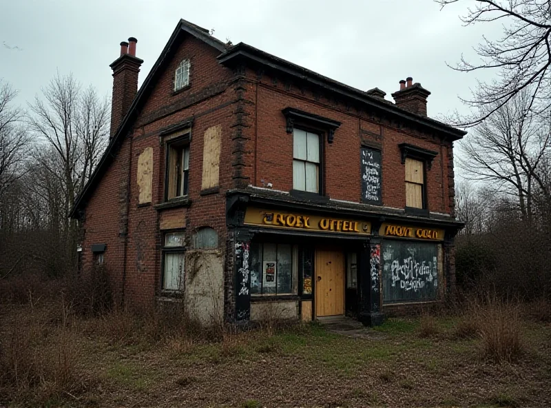 Exterior of a dilapidated, vandalized pub with boarded-up windows and graffiti. The surrounding area is overgrown with weeds.