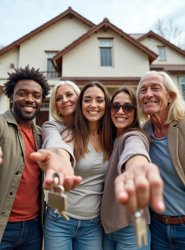 A diverse group of people celebrating the purchase of a new home, holding keys and smiling.