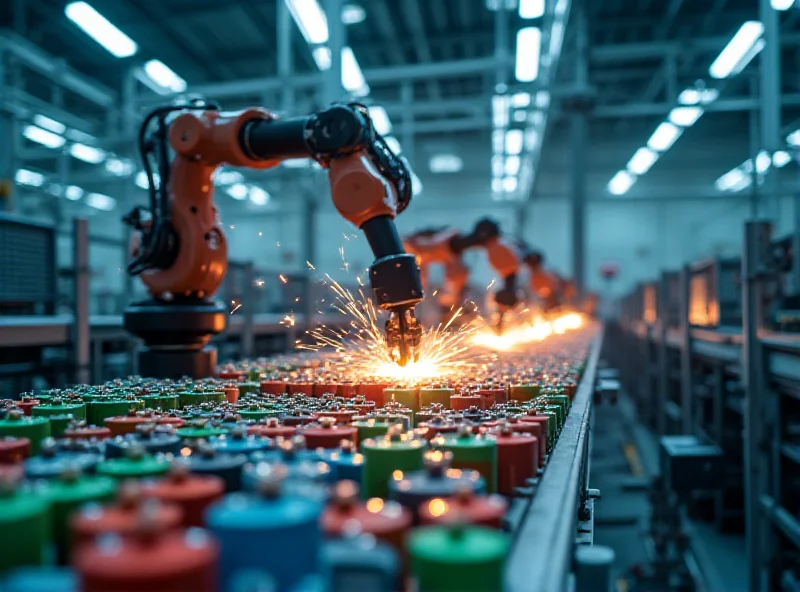 A futuristic factory floor with robotic arms assembling electric vehicle batteries. The scene is brightly lit and emphasizes technological advancement.