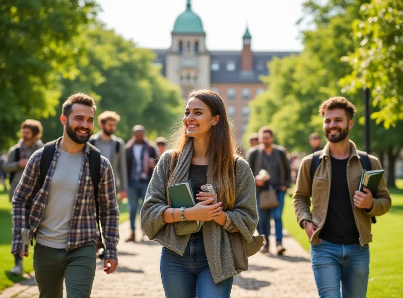 A diverse group of international students walking on a UK university campus.