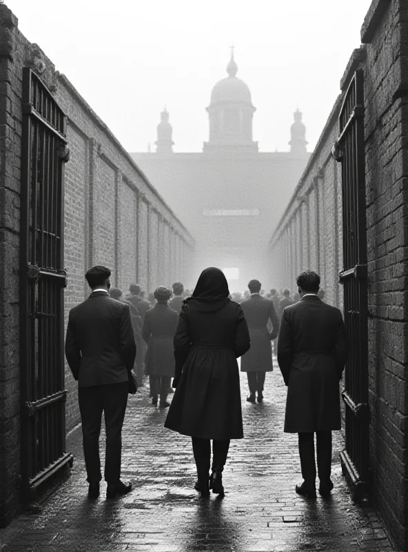 A black and white photo of Holloway Prison in London in 1955. Crowds are gathered outside the prison gates.