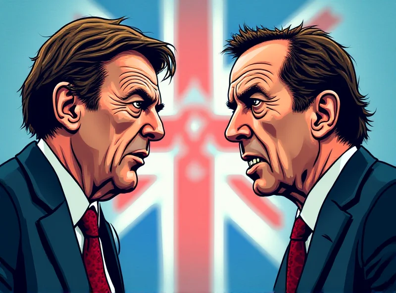 Illustration of Nigel Farage and Rupert Lowe facing each other, looking angry and confrontational, with the Reform UK logo in the background, suggesting internal conflict.