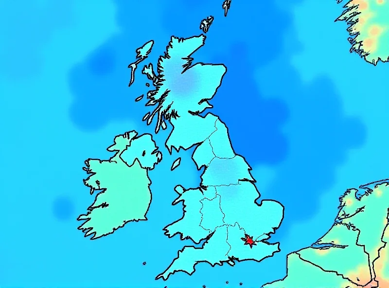 A weather map of the UK showing areas of heavy rain and thunderstorms.