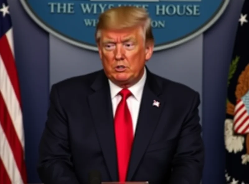 Donald Trump at a press conference in the Oval Office, speaking at a podium with microphones. He is wearing a dark suit and red tie. The background includes American flags and official seals. The lighting is bright and professional, typical of a White House press briefing.