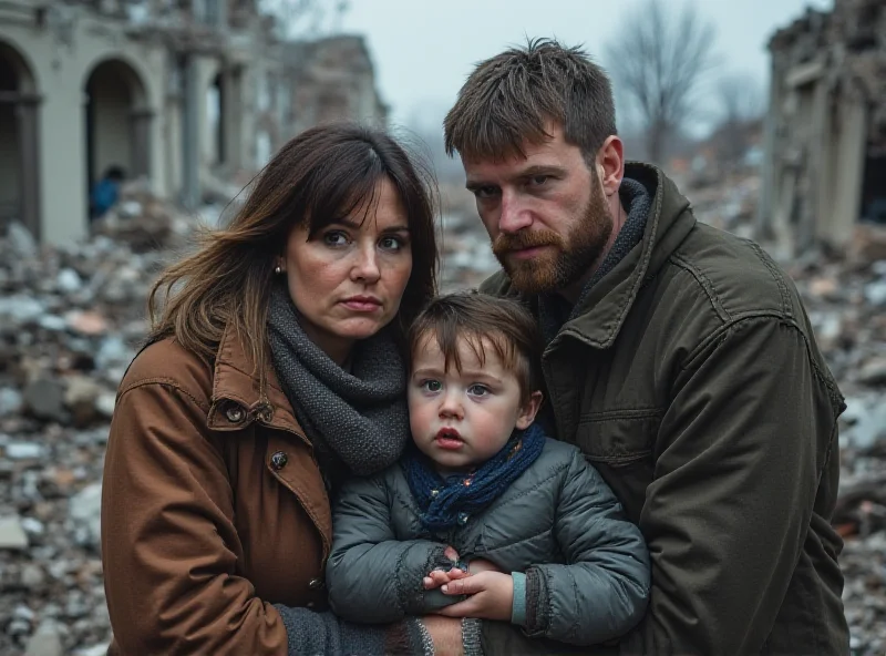 A family huddles together in a damaged building in Ukraine.