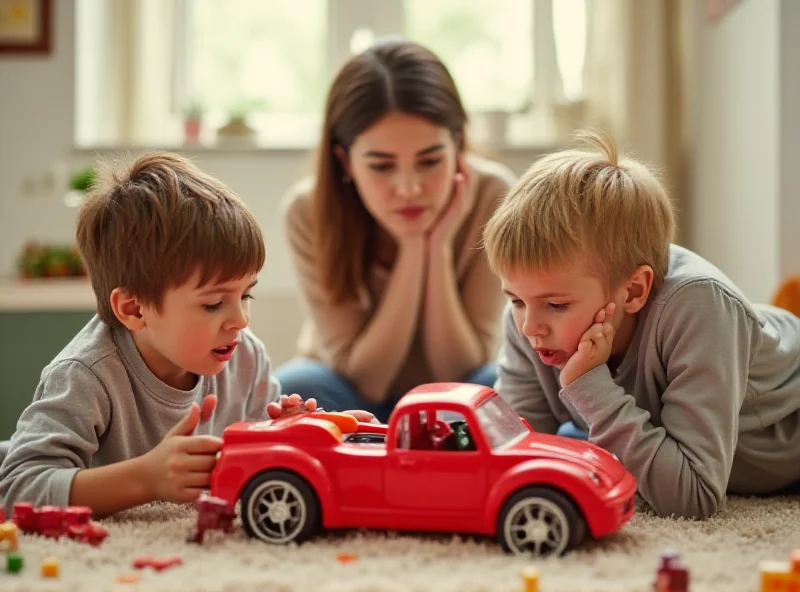 Two young siblings arguing over a toy, while their mother looks on with a concerned expression.