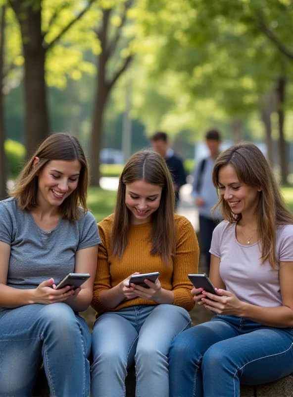 A diverse group of young adults reading on their smartphones and tablets.