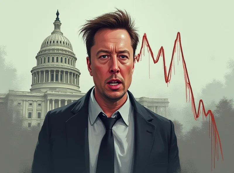 Illustration of Elon Musk looking conflicted against a backdrop of the US Capitol building with downward trending graphs.