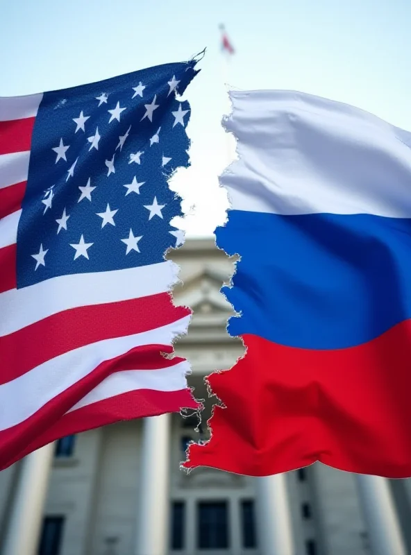 A split image showing the US and Russian flags merging together, with a UN building in the background.