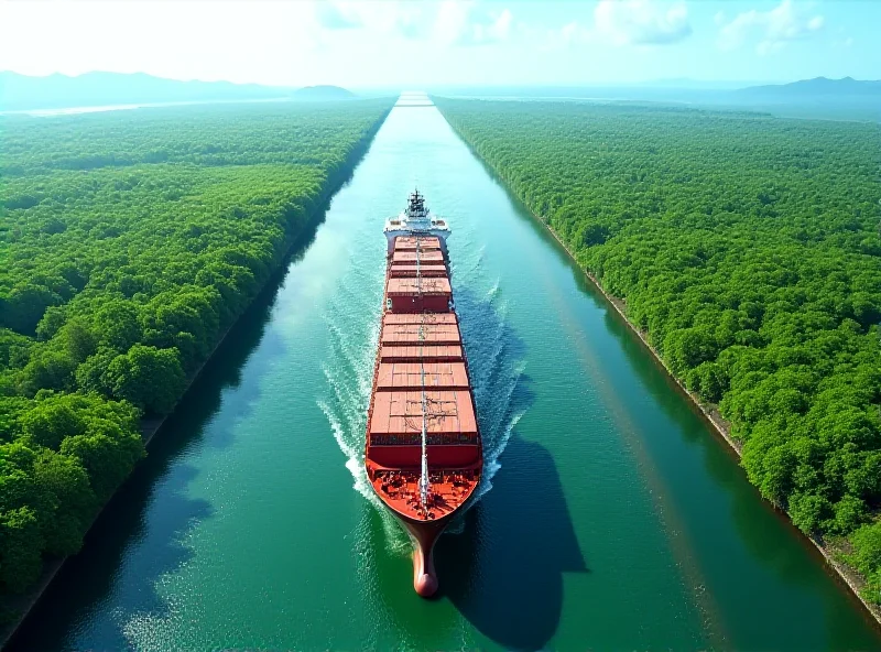 Una vista del Canal de Panamá con un barco de carga transitando, mostrando su importancia para el comercio internacional.
