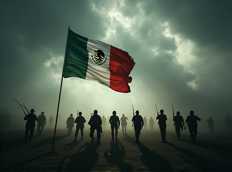 Image depicting the US and Mexican flags with a shadow of soldiers in the background, suggesting military tension.