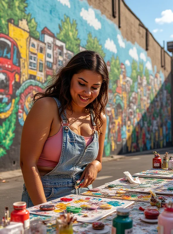 A woman painting a mural with vibrant colors.