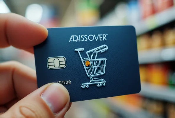 Una tarjeta de crédito Discover con un carrito de compras lleno de alimentos en el fondo, simbolizando el ahorro en supermercados y clubes de almacén.